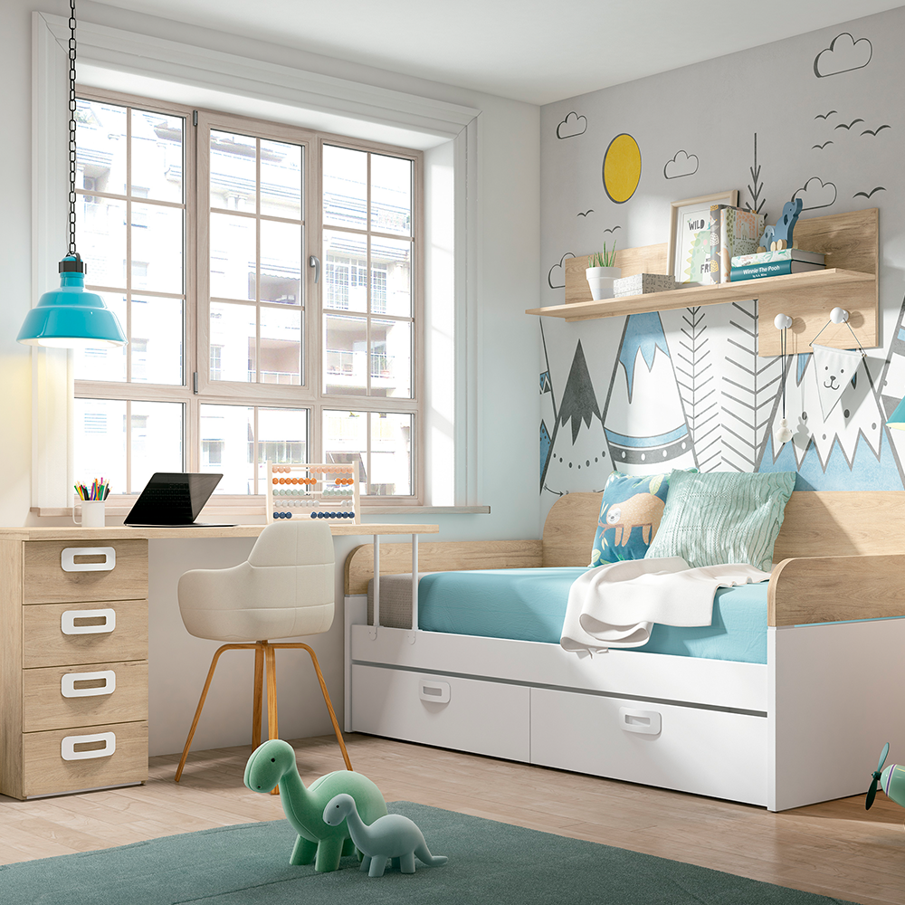 Dormitorio juvenil: escritorio de 2 cajones, cama nido y estante de pared -  Luddo 05 - Don Baraton: tienda de sofás, colchones y muebles